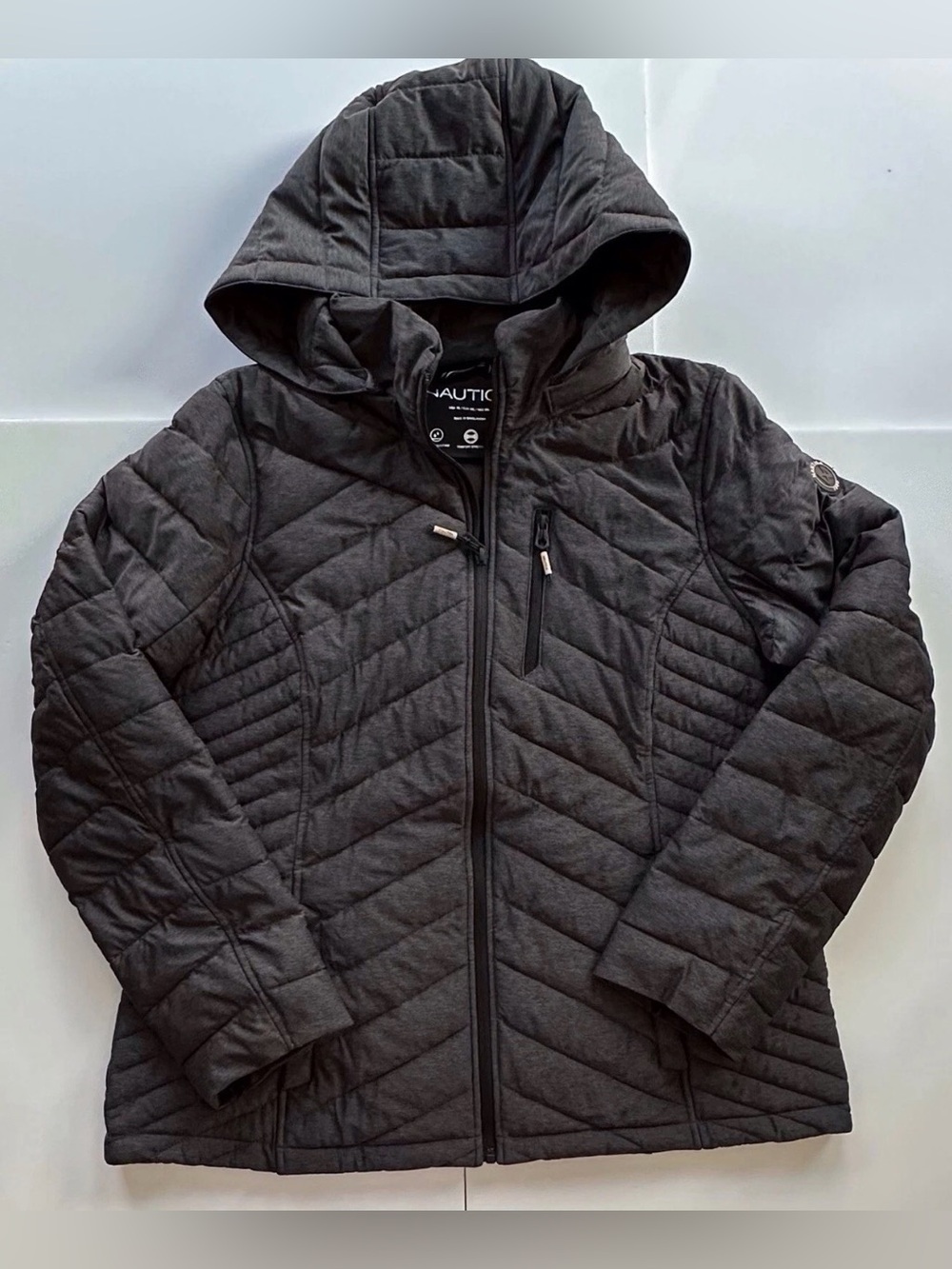 Nautica Dark Gray Quilted Full Zip Hooded Puffer Coat Women’s XL